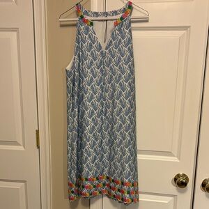 THML- Sleeveless Blue Leaf-Print Shift Dress with Colorful Trim